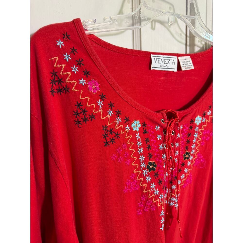 Venezia Vitale Red Embroidered Cotton Boho Lace Up Tunic Top - Plus Size 3X - Picture 8 of 10